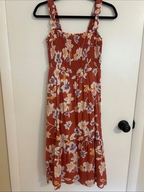 Gap Rusty Orange floral Midi Dress with Smocked Bodice